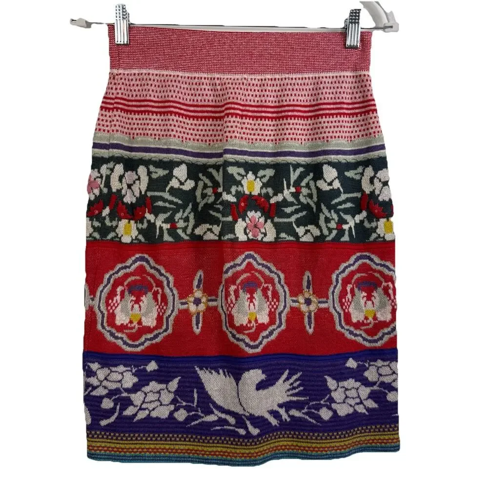 Anthropologie Moth Chava Embroidered Folk Bird Floral Knit Skirt Small Bohemian